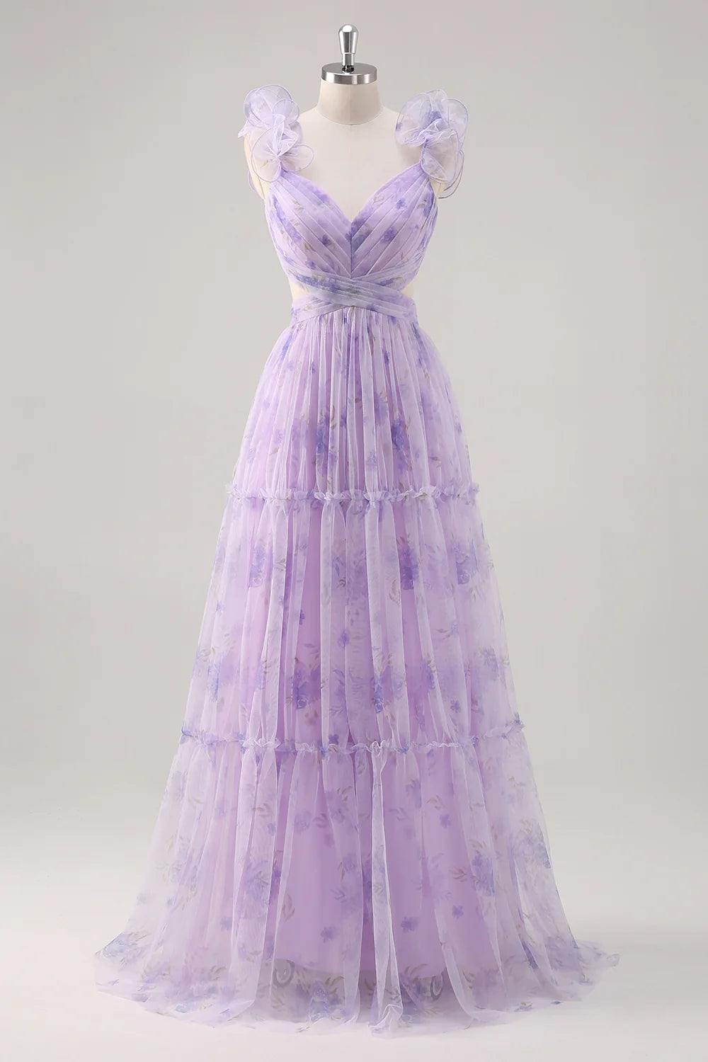 Lavender A Line V Neck Print Pleated Cut Out Bridesmaid Dress with Lace Up Back